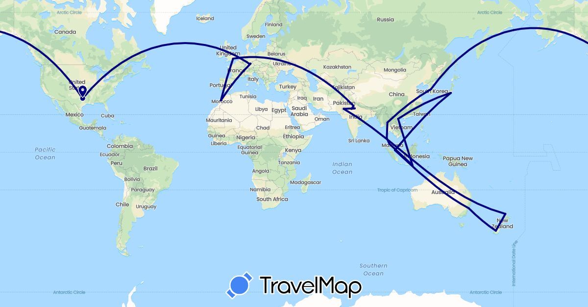 TravelMap itinerary: driving in Australia, Germany, United Kingdom, Indonesia, India, Japan, South Korea, Morocco, Malaysia, New Zealand, Singapore, Thailand, United States, Vietnam (Africa, Asia, Europe, North America, Oceania)